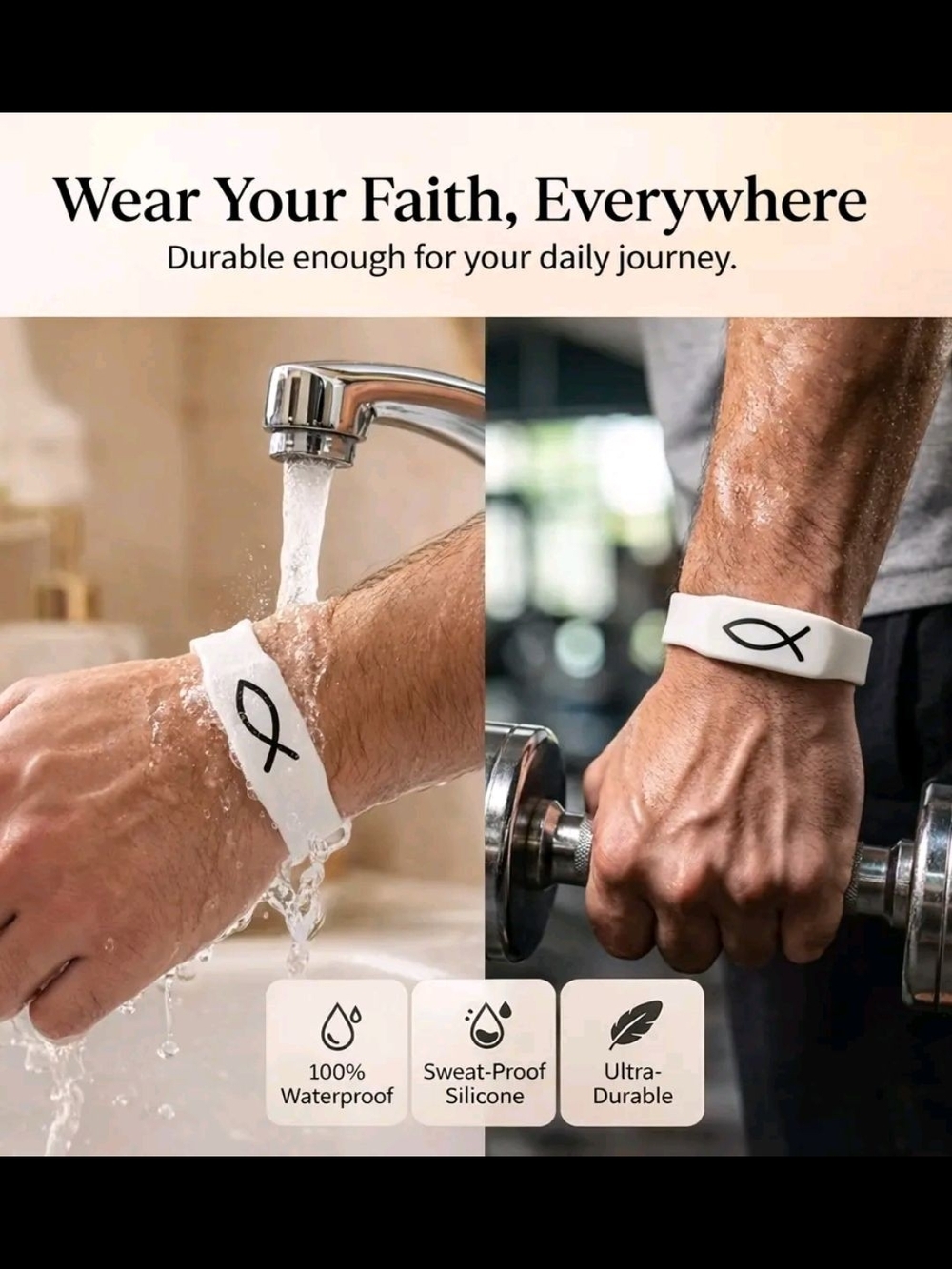 White Silicone Faith Wristband with Ichthys Fish Symbol